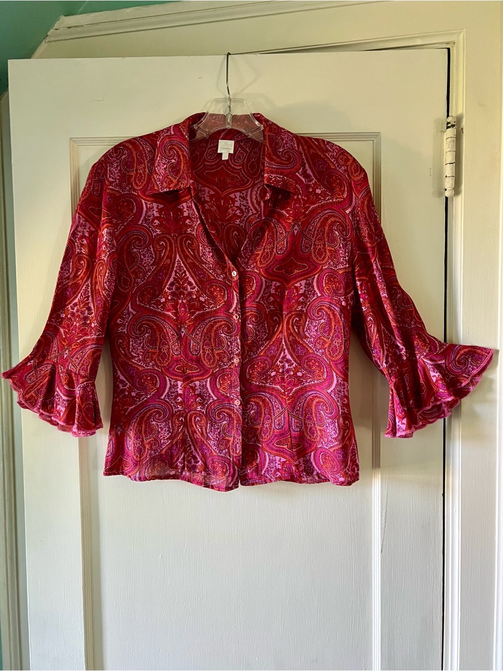 Women's Pink Paisley Button-Front Blouse with Ruffle 3/4” sleeves, size 38.